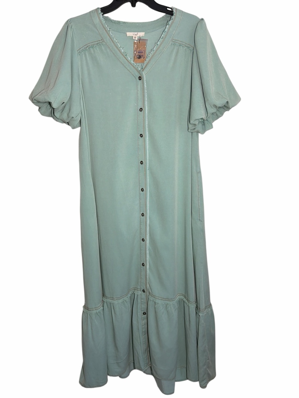 NWT Easel Button Down Maxi Dress Bubble Puff Sleeve Raw Edge VNeck Green L